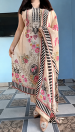 Ivory Floral Printed Kurta Pant Set with Dupatta