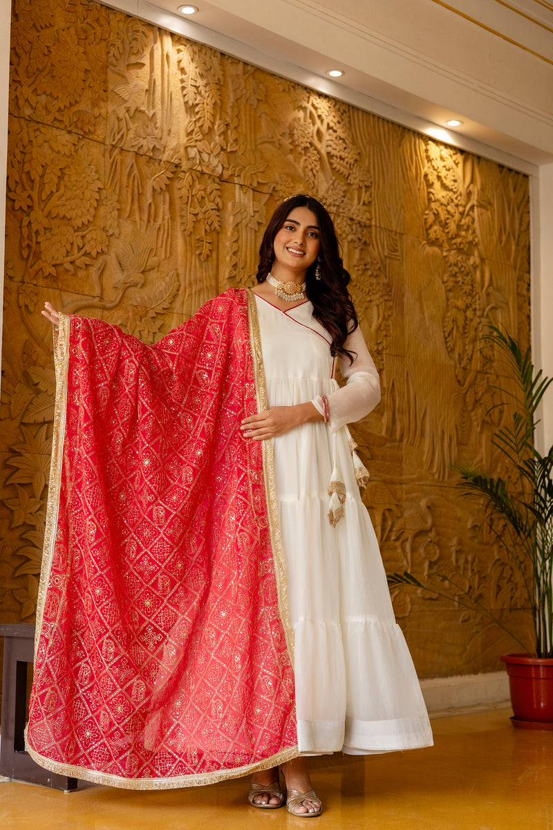 White NC Moss Ruffle Gown with Red Embroidered Dupatta