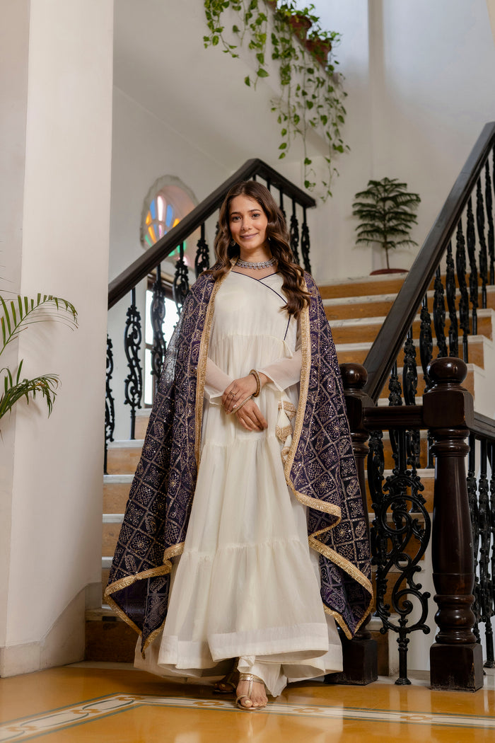 White NC Moss Ruffle Gown with Blue Embroidered Dupatta