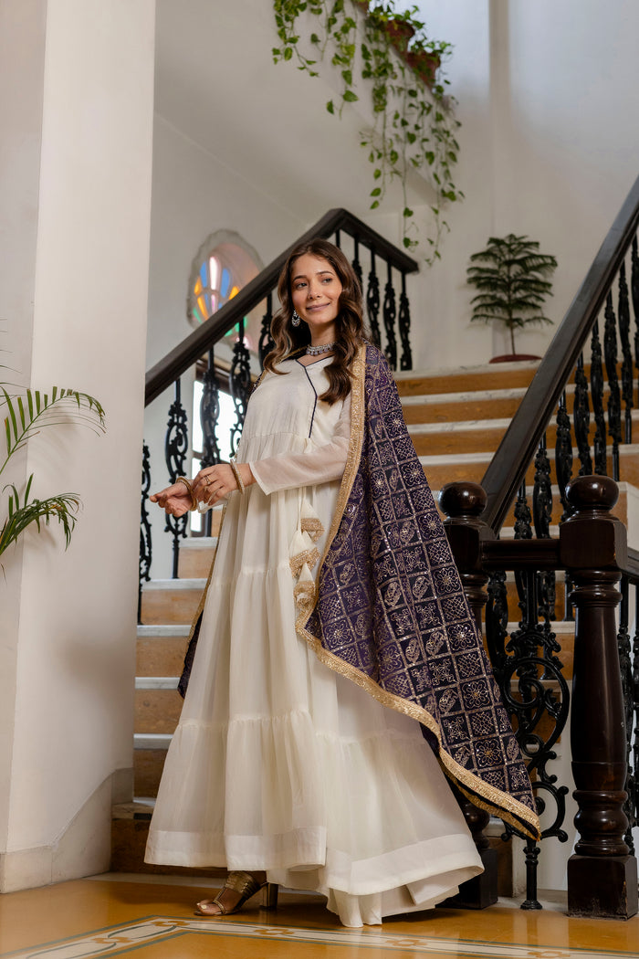 White NC Moss Ruffle Gown with Blue Embroidered Dupatta