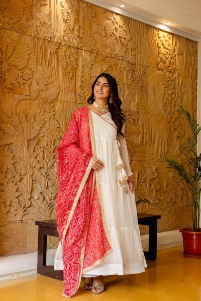 White NC Moss Ruffle Gown with Red Embroidered Dupatta