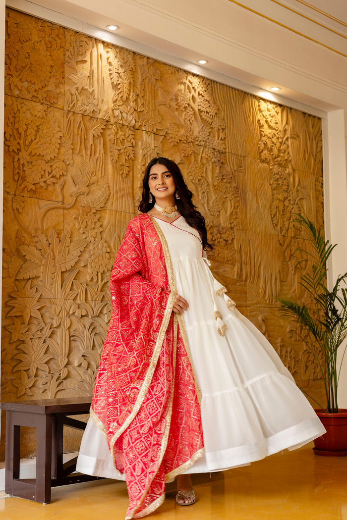 White NC Moss Ruffle Gown with Red Embroidered Dupatta