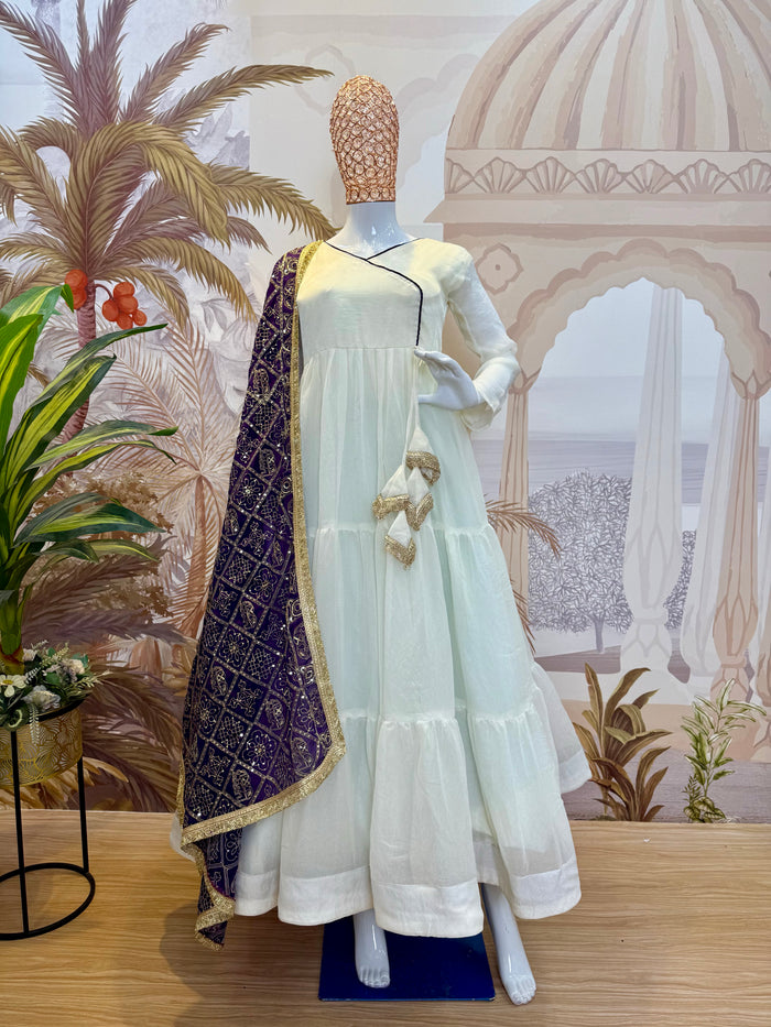 White NC Moss Ruffle Gown with Blue Embroidered Dupatta