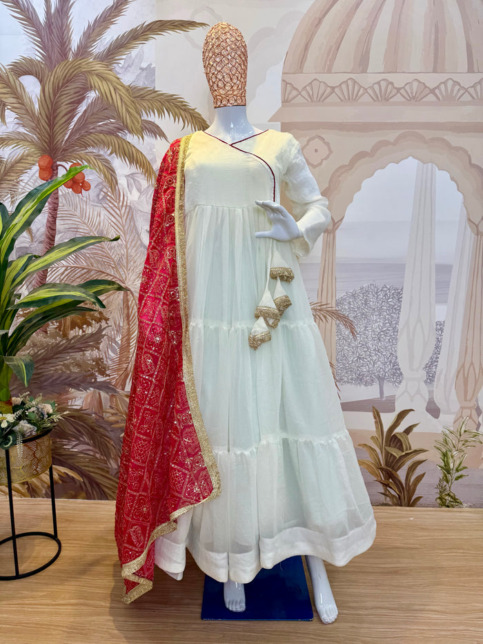 White NC Moss Ruffle Gown with Red Embroidered Dupatta