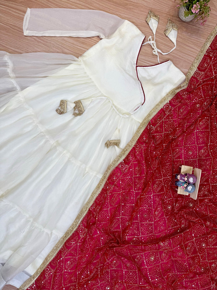 White NC Moss Ruffle Gown with Red Embroidered Dupatta