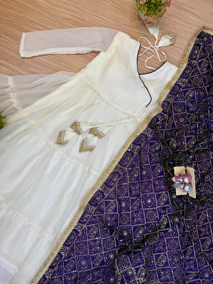 White NC Moss Ruffle Gown with Blue Embroidered Dupatta