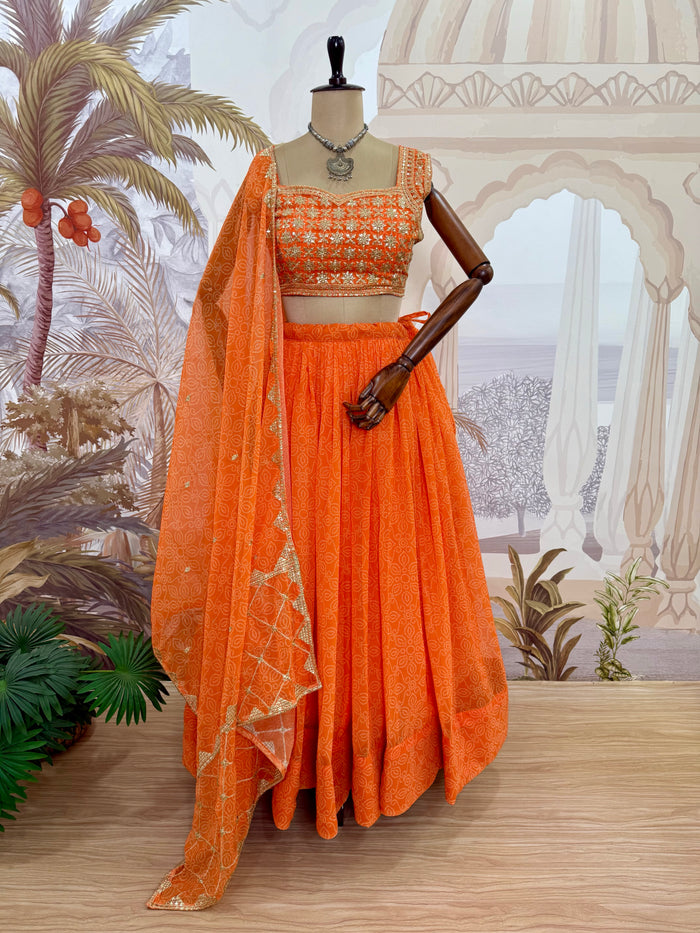 Orange Printed Faux Georgette Lehenga Set