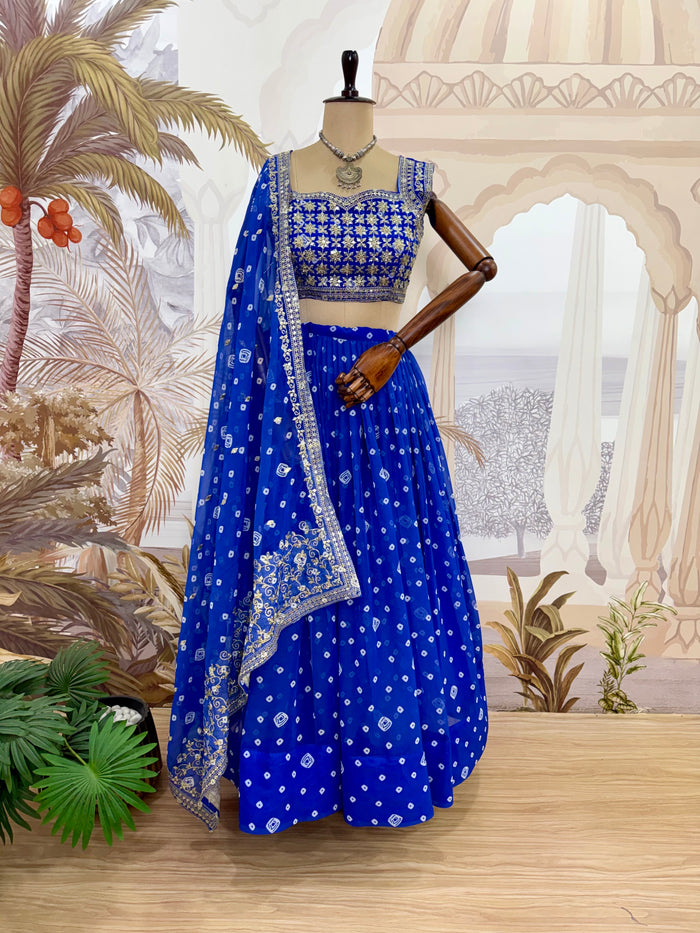 Navy Blue Printed Faux Georgette Lehenga Set