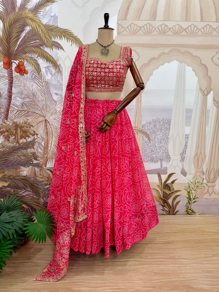 Pink Printed Faux Georgette Lehenga Set