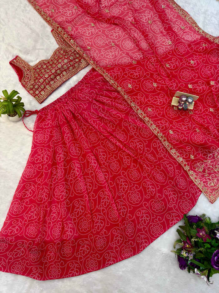 Pink Printed Faux Georgette Lehenga Set