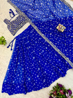 Navy Blue Printed Faux Georgette Lehenga Set