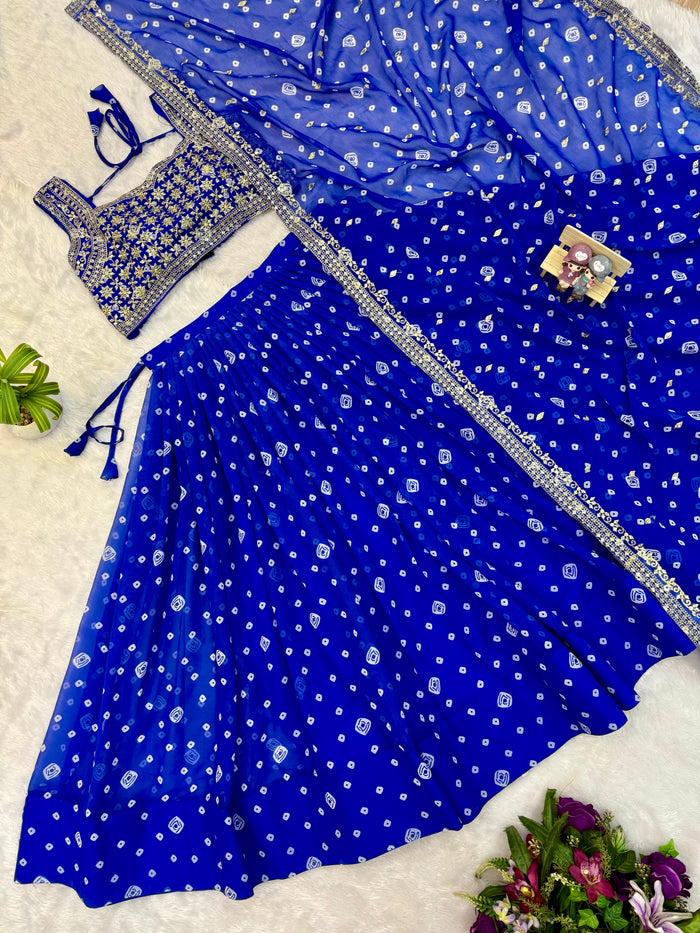 Navy Blue Printed Faux Georgette Lehenga Set
