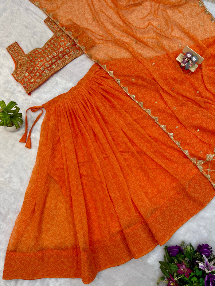 Orange Printed Faux Georgette Lehenga Set