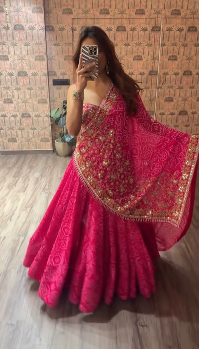Pink Printed Faux Georgette Lehenga Set