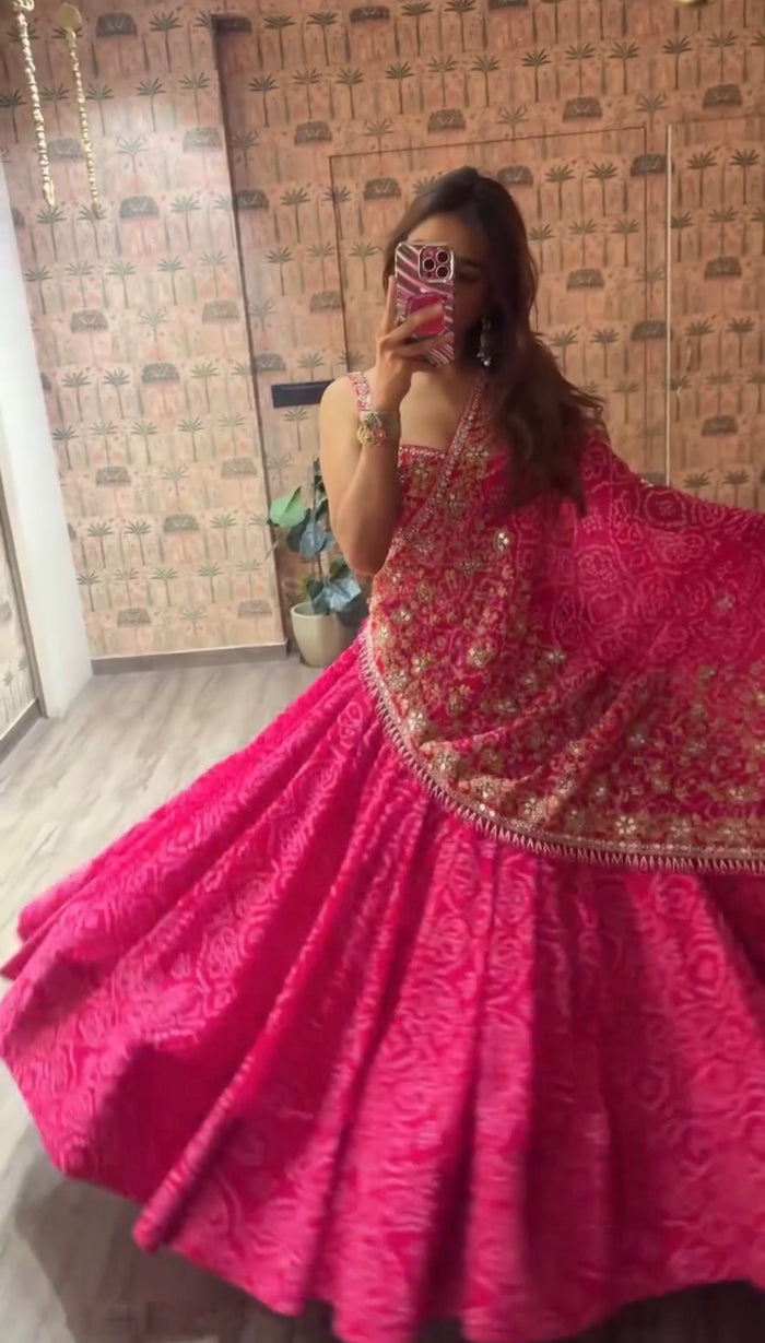 Pink Printed Faux Georgette Lehenga Set