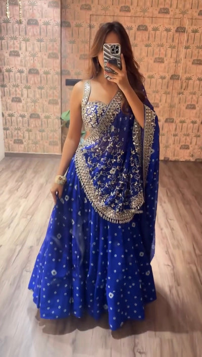 Navy Blue Printed Faux Georgette Lehenga Set