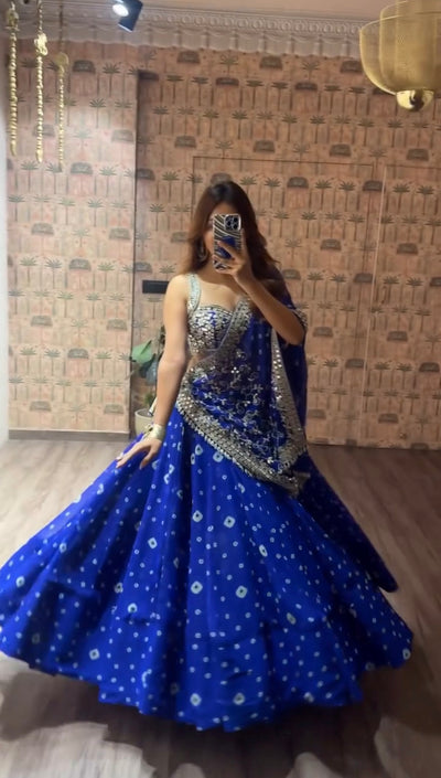 Navy Blue Printed Faux Georgette Lehenga Set