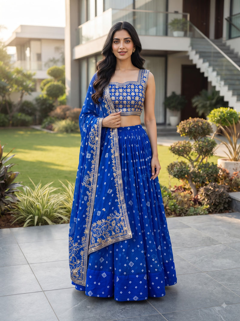 Navy Blue Printed Faux Georgette Lehenga Set