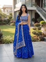Navy Blue Printed Faux Georgette Lehenga Set