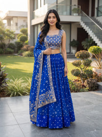 Navy Blue Printed Faux Georgette Lehenga Set