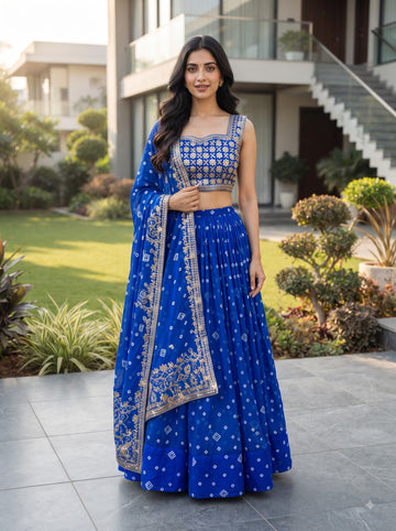 Navy Blue Printed Faux Georgette Lehenga Set
