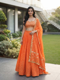 Orange Printed Faux Georgette Lehenga Set
