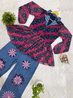 Printed Faux Georgette Kediya with Embroidered Denim Jeans Set