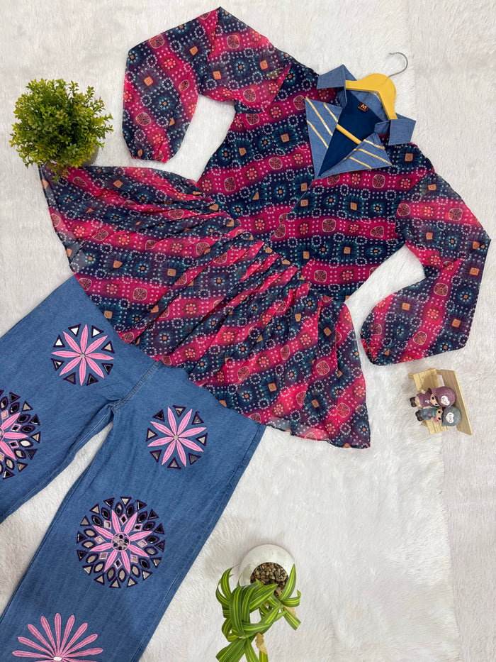 Printed Faux Georgette Kediya with Embroidered Denim Jeans Set