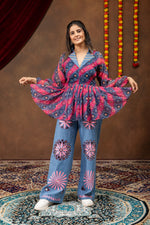 Printed Faux Georgette Kediya with Embroidered Denim Jeans Set