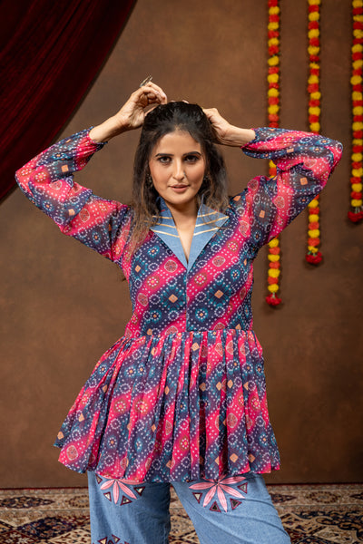 Printed Faux Georgette Kediya with Embroidered Denim Jeans Set