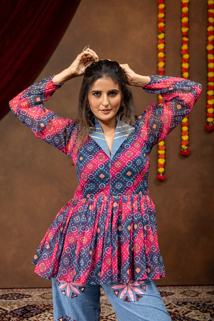 Printed Faux Georgette Kediya with Embroidered Denim Jeans Set