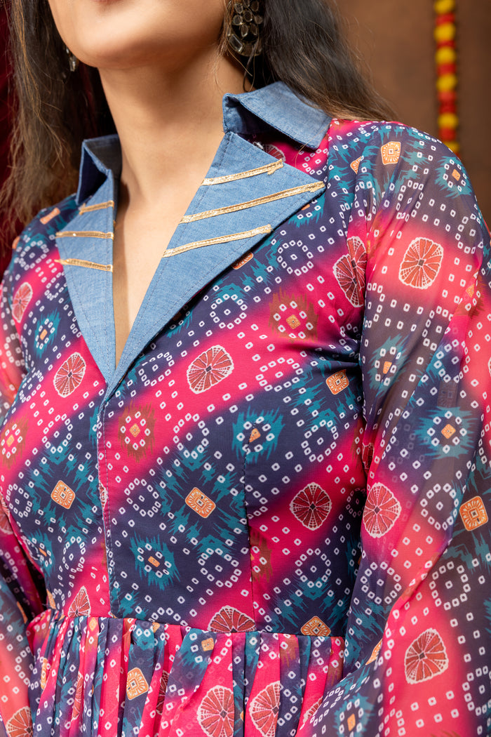 Printed Faux Georgette Kediya with Embroidered Denim Jeans Set