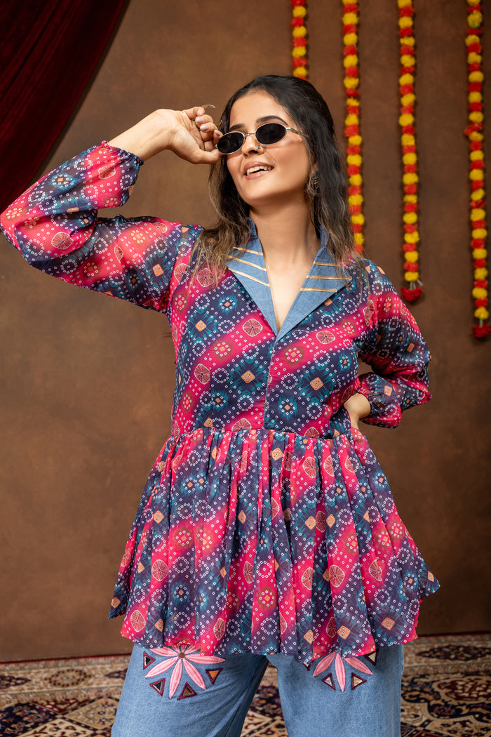 Printed Faux Georgette Kediya with Embroidered Denim Jeans Set