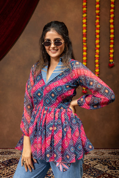 Printed Faux Georgette Kediya with Embroidered Denim Jeans Set