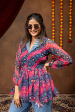Printed Faux Georgette Kediya with Embroidered Denim Jeans Set