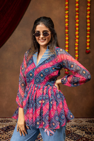 Printed Faux Georgette Kediya with Embroidered Denim Jeans Set