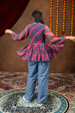 Printed Faux Georgette Kediya with Embroidered Denim Jeans Set
