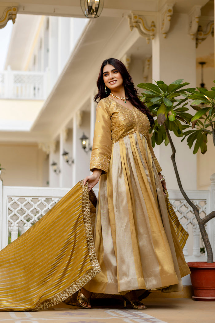 Golden Banarasi Silk Embroidered Gown