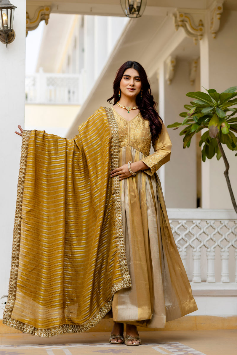 Golden Banarasi Silk Embroidered Gown