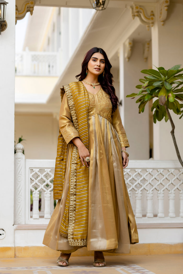 Golden Banarasi Silk Embroidered Gown
