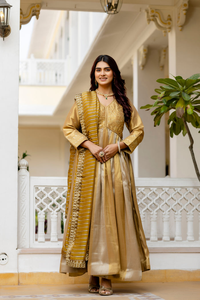 Golden Banarasi Silk Embroidered Gown