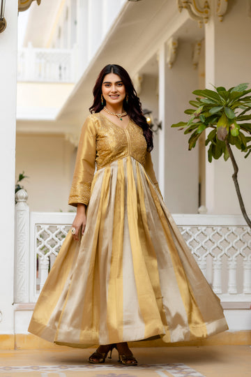 Golden Banarasi Silk Embroidered Gown