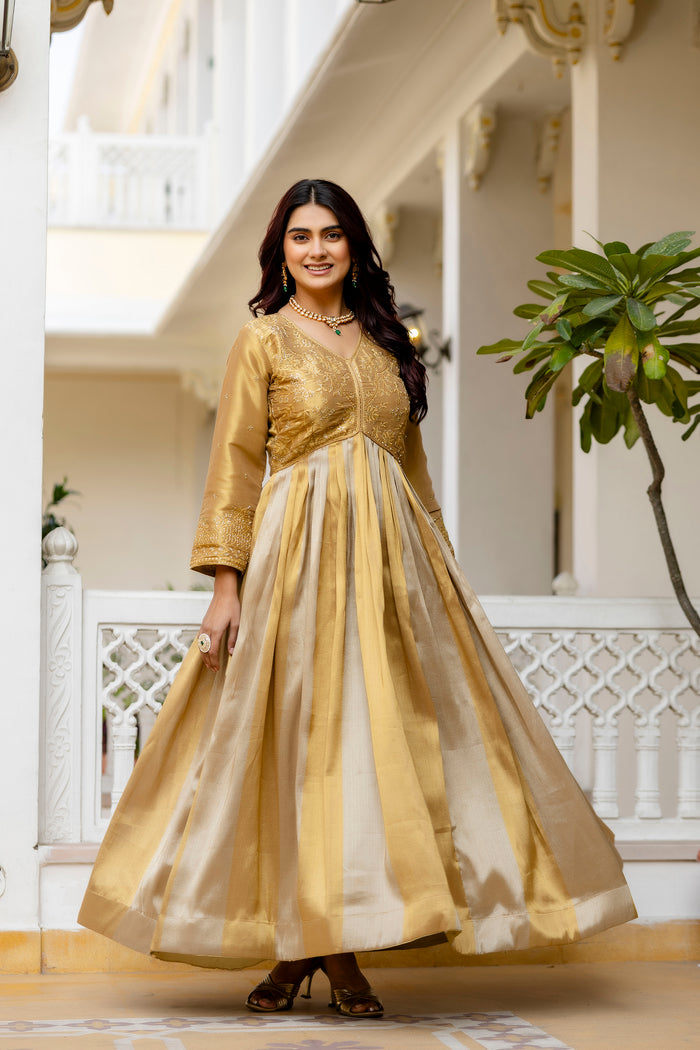 Golden Banarasi Silk Embroidered Gown