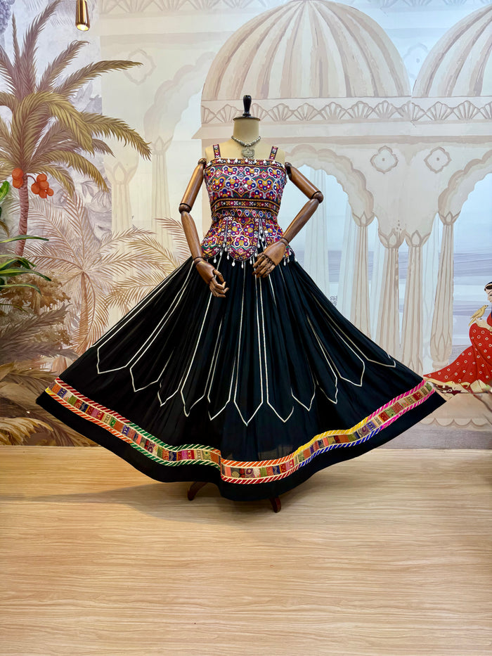 Midnight Black Kutchi Embroidered Cotton Lehenga Set