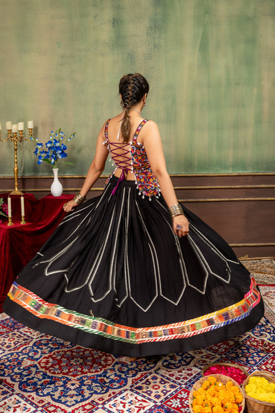 Midnight Black Kutchi Embroidered Cotton Lehenga Set
