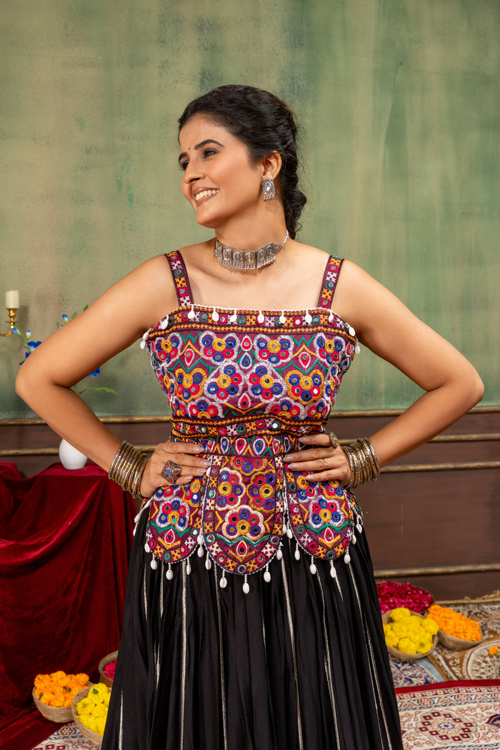 Midnight Black Kutchi Embroidered Cotton Lehenga Set