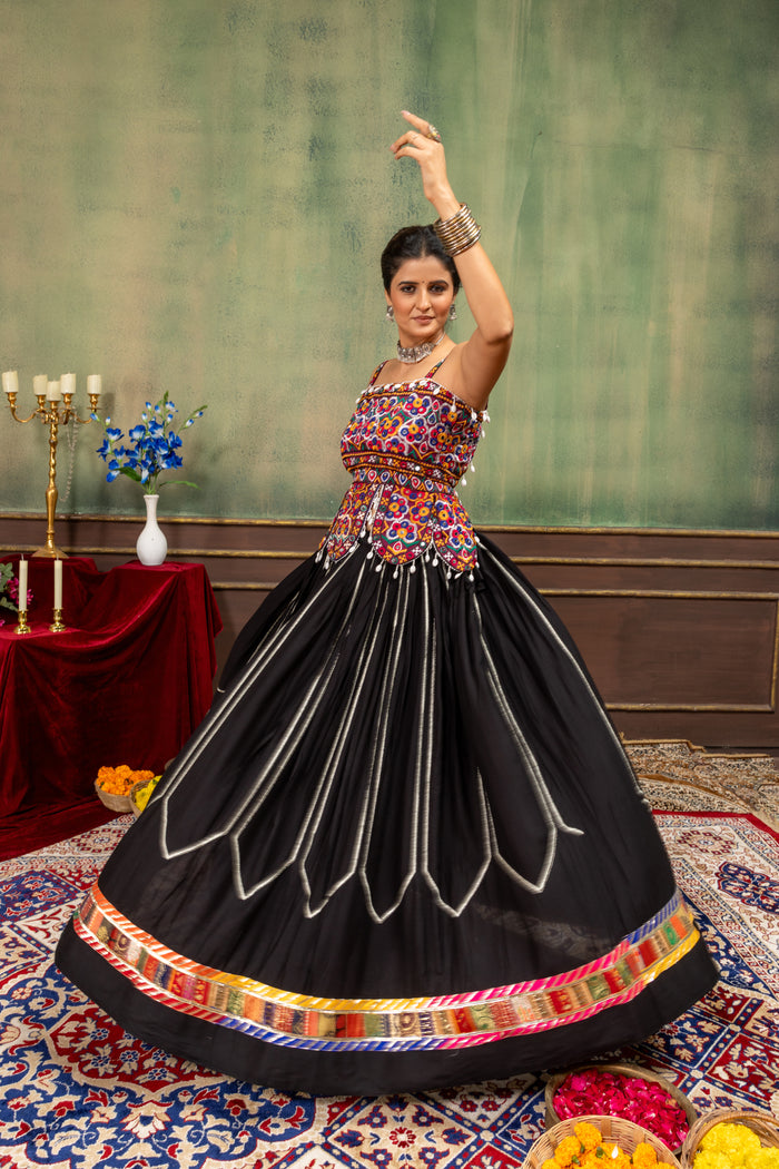 Midnight Black Kutchi Embroidered Cotton Lehenga Set