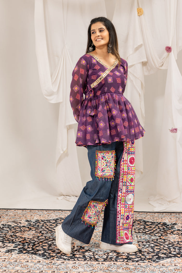 Purple Mirror Work Kediya with Denim Jeans Set