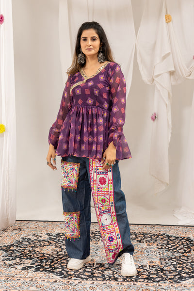 Purple Mirror Work Kediya with Denim Jeans Set