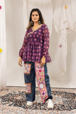 Purple Mirror Work Kediya with Denim Jeans Set
